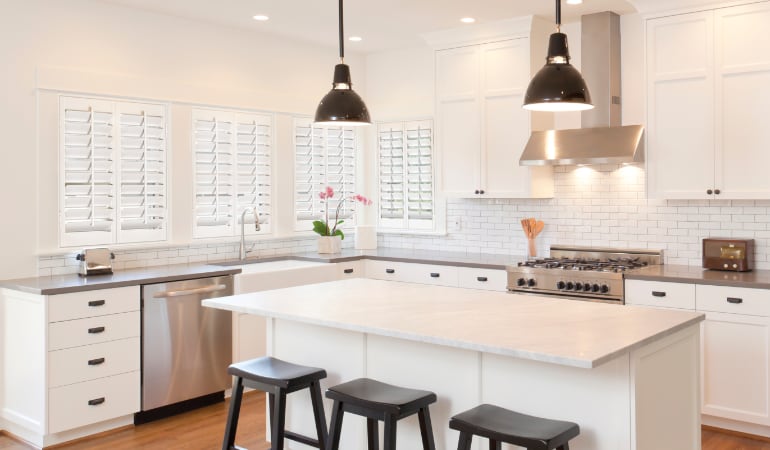 Plantation shutters in a bright Southern California kitchen.